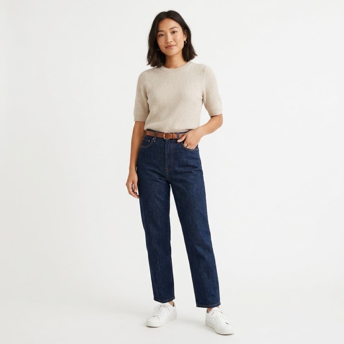 High-rise denim with tucked knit — 1/3 to 2/3 golden proportion