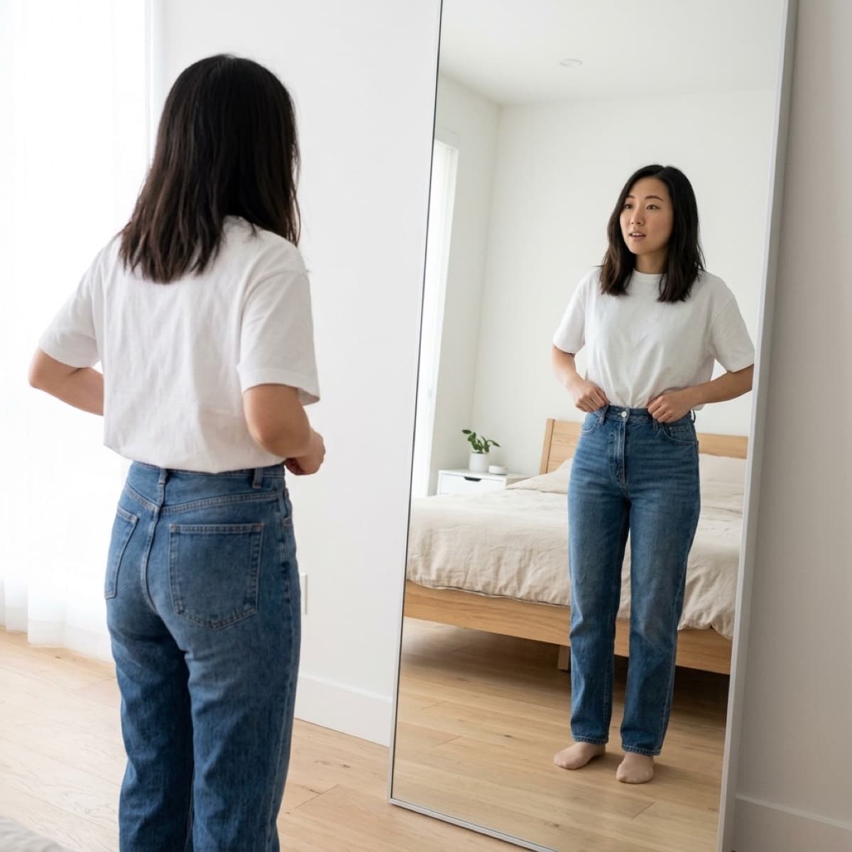 Mirror waistline check: half-tuck for 1:2 proportion