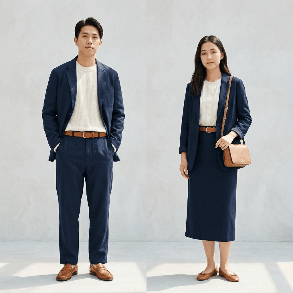Coordinated navy outfits demonstrating a three-color palette