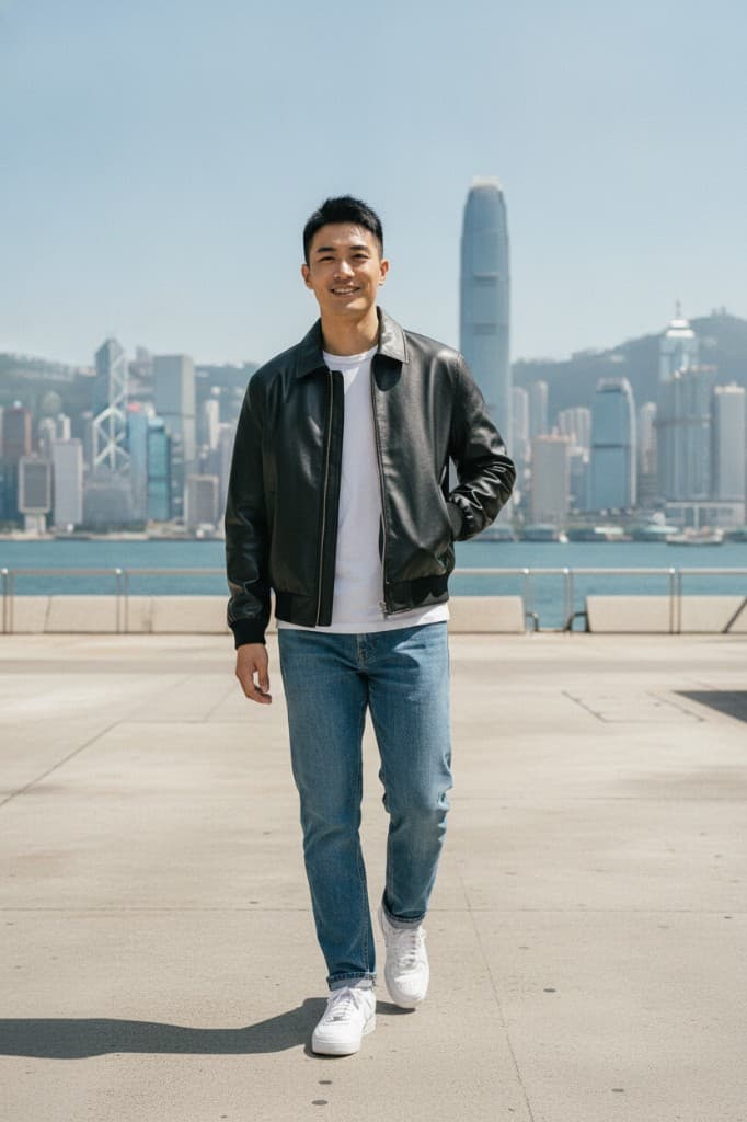 AI-generated outfit look with Hong Kong harbour backdrop